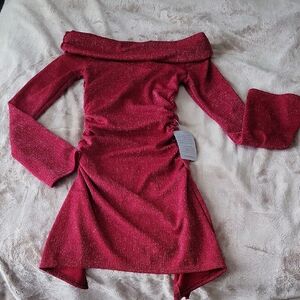 All in Favor Shimmering Dark Red Shoulder Off Long Sleeve Dress